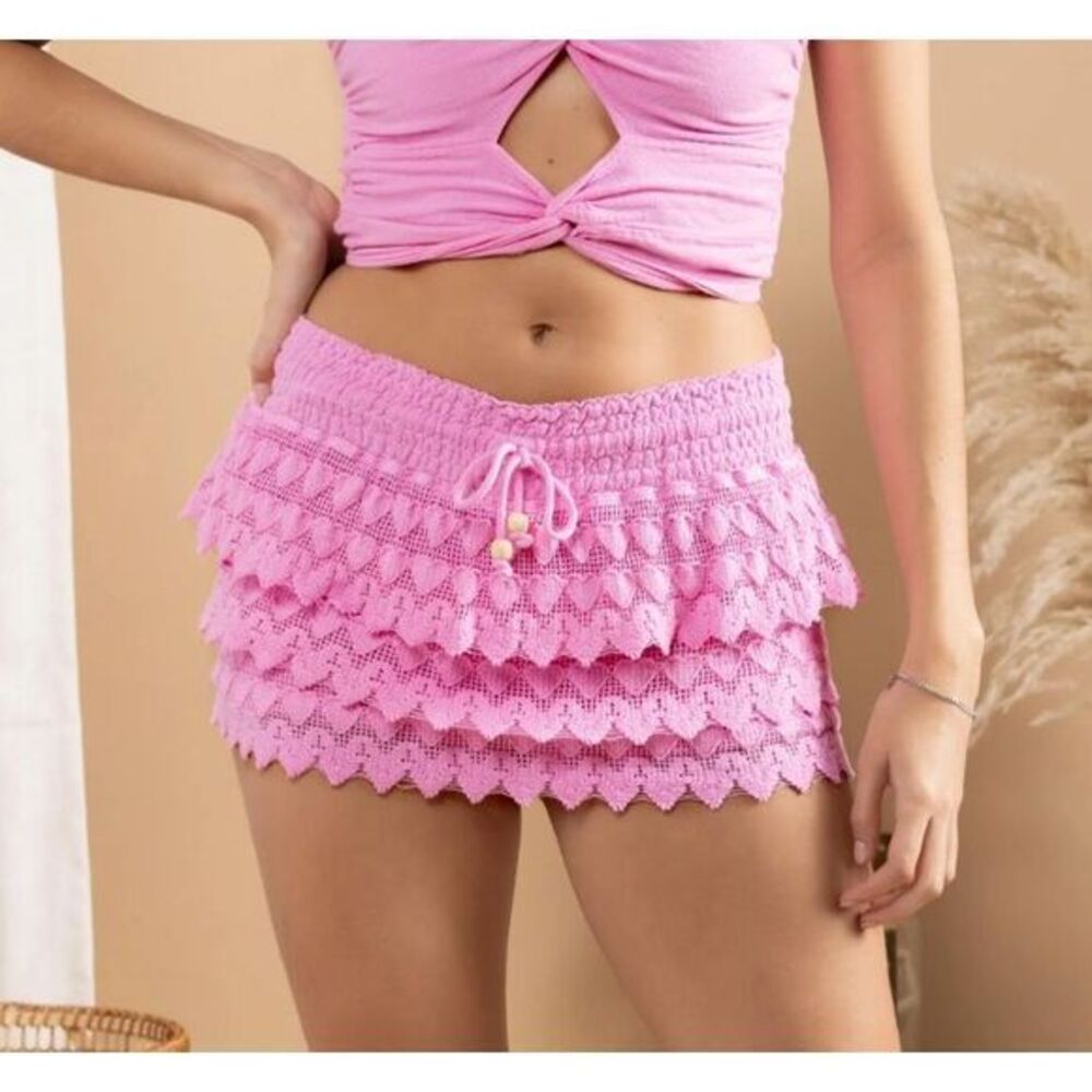 Sea spice Polly Tiered Crochet Lace Skort Ruffle Layered Mini Skirt Small Pink S
